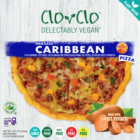 The new plant-based Caribbean pizza featuring CLO-CLO's hand crafted Jamaican Jerk Chicken Sausage Crumbles, Habanero Cheese-Style Shreds, Bell Peppers, Zucchini and Truffle-Flavored Oil based on a Sweet Potato Crust. (Photo: Business Wire)