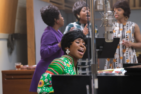 Aretha Franklin, played by Cynthia Erivo (foreground), rehearsing with backup singers played by (background L to R) Kameelah Williams, Patrice Covington (as Erma Franklin) and Erika Jerry, in National Geographic's GENIUS: ARETHA. (Credit: National Geographic/Richard DuCree)