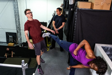 CA - Actress and Stuntwoman, Janeshia Adams-Ginyard (front right), gives Bobby Bones (front left) a lesson in stunt training including fighting and falling. (Credit: National Geographic/Karen Ballard)