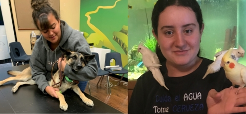 Learn4Life Veterinary Sciences students Cayla P. (left) and Lunden G. (right) learn how to treat patients with help from their pets. (Photo: Business Wire)