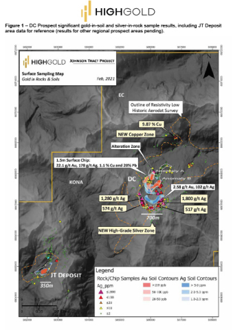 original Figure 1 – DC Prospect significant gold-in-soil and silver-in-rock sample results, including JT Deposit area data for reference (results for other regional prospect areas pending). (Graphic: Business Wire)