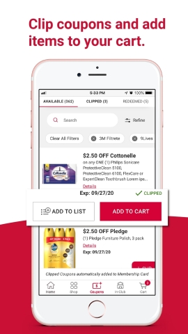 BJ's Wholesale Club is making it easier for members to seamlessly shop and save by launching new features on the BJ’s app on Feb. 16, 2021. With these new features, members can now quickly clip digital coupons and add items directly to their cart. (Graphic: Business Wire)
