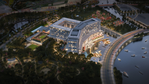 Orchid Lake Hotel in China’s Zizhu Hi-Tech Industrial Development Zone will feature conference, reception and work space and an executive lounge, as well as 360 guest rooms, a spa and gymnasium. It will be China’s first ever “sail up” hotel with a yacht club providing access from the Huangpu River. (Rendering courtesy of WATG)