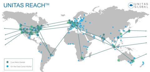 thumbnail Unitas Reach(TM) - a global ubiquitous edge to cloud access network available from 900 carrier neutral data centers and 30 million enterprise locations in over 85 countries. (Graphic: Business Wire)