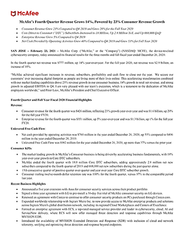 Q4 and FY 2020 McAfee Earnings Press Release