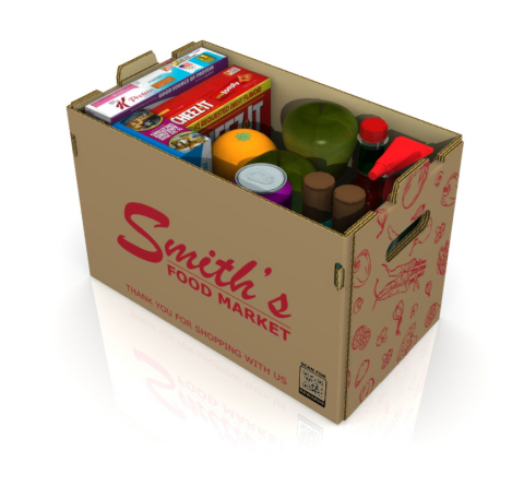 DS Smith introduces Greentote, the first modular, moisture-resistant, food-contact safe and 100% recyclable alternative to plastic shopping bags for retail grocery pickup or delivery. (Photo: DS Smith)