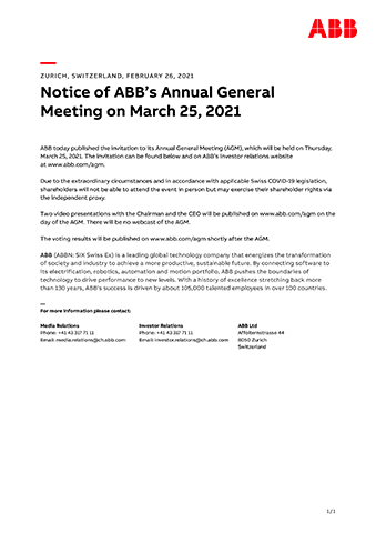 Notice of ABB’s Annual General Meeting on March 25, 2021