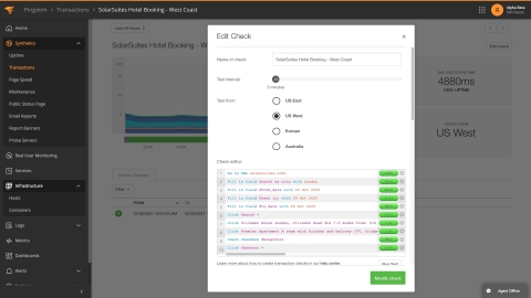 thumbnail Copyright 2021 SolarWinds APM Integrated Experience – Synthetic Transaction test for hotel booking application. 

SolarWinds APM Integrated Experience navigation enhancements include synthetic monitoring. IT pros can simulate visitor interactions with their site or web app to know when critical transactions, pages, or websites aren’t performing or flows stop working correctly.