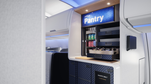 JetBlue’s A321neo with Mint features a refreshed onboard Pantry® with a mini-fridge and drawers full of complimentary snacks. (Photo: Business Wire)