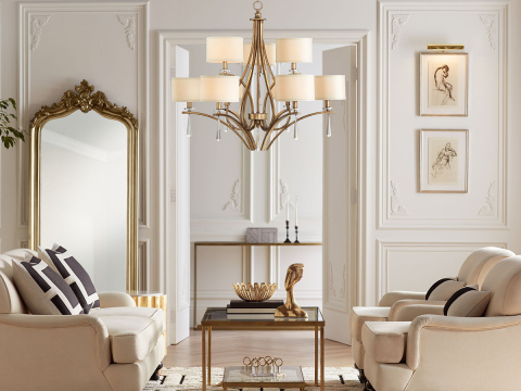 The Stiffel Parlene gold chandelier, available exclusively from Lamps Plus, adds luxury to the room. (Photo: Business Wire)