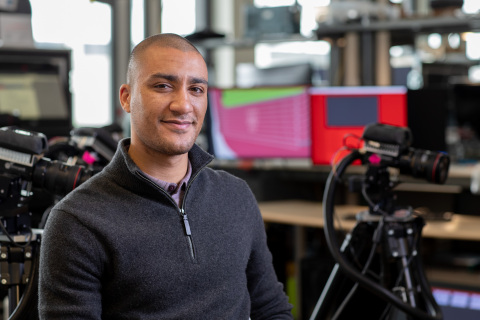 Two-time Olympic gold medalist Ashton Eaton works as a product development engineer in Intel’s Olympic Technology Group. “There's a massive gap in the sports and movement field, between what people feel when they move and what they actually know that they're doing,” says Eaton, who won gold medals in the decathlon. (Credit: Intel Corporation)