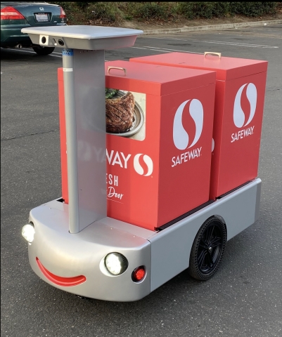 Albertsons Companies and Safeway are piloting a remote-controlled zero-emission delivery cart from Tortoise in Northern California. The cart can hold up to 120 pounds of groceries in four lockable containers for a contactless delivery experience. (Photo: Business Wire)