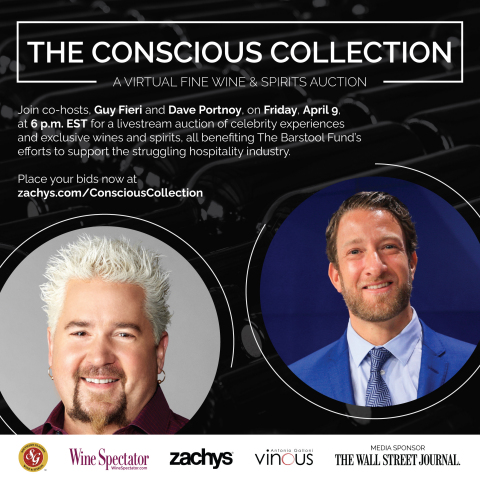Join co-hosts, Guy Fieri and Dave Portnoy, on Friday, April 9 at 6 p.m. for a live virtual auction with celebrity experiences and exclusive wines and spirits, benefiting the hospitality industry through The Barstool Fund. Bidding is open today at zachys.com/ConsciousCollection! (Photo: Business Wire)
