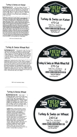 Images are of the labels of the recalled pre-packaged turkey sandwiches sold between March 3-5, 2021 at the Charlotte Douglas Airport and via vending machines and micro markets located in Georgia, North Carolina, South Carolina, and West Virginia. (Graphic: Business Wire)