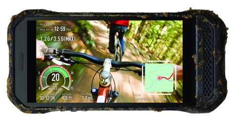 Patented action overlay on rugged Kyocera DuraForce Ultra 5G UW provides outdoor enthusiasts the ability to add elapsed time, distance, speed, G-force, altitude, date/time and map of route traveled to photos and videos. (Photo: Business Wire)