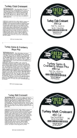 thumbnail Images are of the labels of the recalled pre-packaged turkey sandwiches sold between March 3-5, 2021 at the Charlotte Douglas Airport and via vending machines and micro markets located in Georgia, North Carolina, South Carolina, and West Virginia. (Graphic: Business Wire)