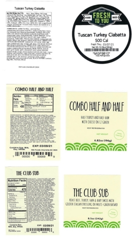 thumbnail Images are of the labels of the recalled pre-packaged turkey sandwiches sold between March 3-5, 2021 at the Charlotte Douglas Airport and via vending machines and micro markets located in Georgia, North Carolina, South Carolina, and West Virginia. (Graphic: Business Wire)