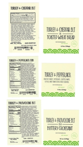 thumbnail Images are of the labels of the recalled pre-packaged turkey sandwiches sold between March 3-5, 2021 at the Charlotte Douglas Airport and via vending machines and micro markets located in Georgia, North Carolina, South Carolina, and West Virginia. (Graphic: Business Wire)