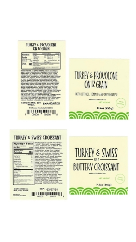 thumbnail Images are of the labels of the recalled pre-packaged turkey sandwiches sold between March 3-5, 2021 at the Charlotte Douglas Airport and via vending machines and micro markets located in Georgia, North Carolina, South Carolina, and West Virginia. (Graphic: Business Wire)