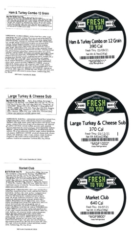 thumbnail Images are of the labels of the recalled pre-packaged turkey sandwiches sold between March 3-5, 2021 at the Charlotte Douglas Airport and via vending machines and micro markets located in Georgia, North Carolina, South Carolina, and West Virginia. (Graphic: Business Wire)