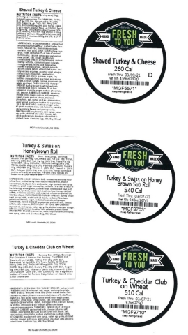 thumbnail Images are of the labels of the recalled pre-packaged turkey sandwiches sold between March 3-5, 2021 at the Charlotte Douglas Airport and via vending machines and micro markets located in Georgia, North Carolina, South Carolina, and West Virginia. (Graphic: Business Wire)