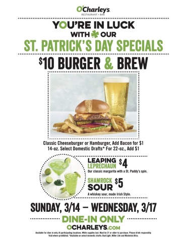 O'Charley's has your St. Patrick's Day covered! A $10 Burger & Brew special along with some great cocktails will give you all the reasons you need to celebrate at your local O'Charley's. Specials run Sunday, March 14-Wednesday, March 17. (Graphic: Business Wire)