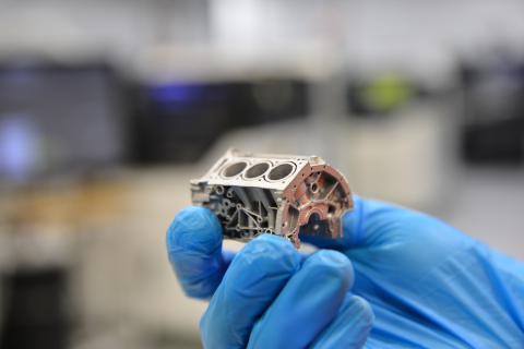 thumbnail This aluminum 6061 engine block model demonstrates the high resolution and geometric control that can be produced in a new patent-pending binder jet 3D printing and sintering process developed by ExOne and Ford Motor Co. (Photo: Business Wire)