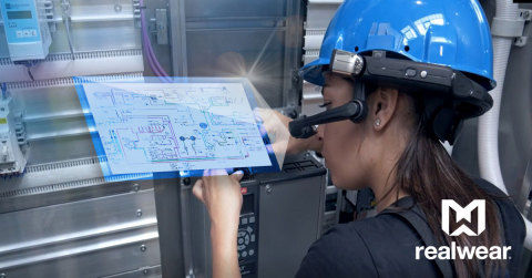 By connecting with Microsoft Teams, a frontline worker receiving remote assistance using the RealWear HMT-1 hands-free wearable computer. (Photo: Business Wire)