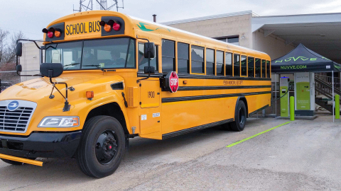 Blue Bird’s <percent>100%</percent> Electric School Bus sending energy back to the grid through the Nuvve V2G System (Photo: Business Wire)