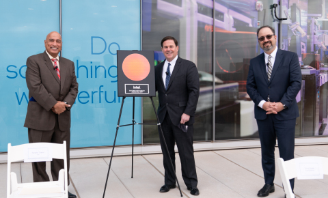 From left: Dr. Randhir Thakur, president of Intel Foundry Services, Arizona Gov. Doug Ducey, and Keyvan Esfarjani, Intel senior vice president in Manufacturing & Operations, celebrate Intel’s $20 billion investment for two new factories on the company’s Ocotillo campus in Chandler, Arizona. On March 23, 2021, the company announced the investment and said it expects to begin planning and construction activities this year. (Credit: Intel Corporation)