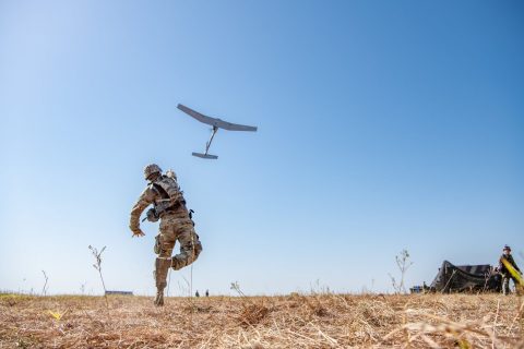 A U.S. Army Soldier hand launches a Raven B UAS in order to have a birds-eye view of the area during a field training exercise at Fort Sill, OK. (Photo: U.S. Army photo by Sgt. Dustin D. Biven)