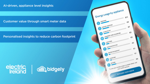 Bidgely and Electric Ireland introduced an AI-powered customer engagement solution using smart meter data aimed at helping customers more effectively manage their energy usage and carbon footprints. (Graphic: Business Wire)