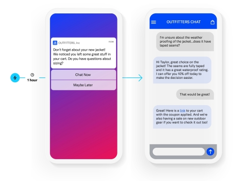 Airship Live Chat enables marketers to proactively trigger real-time, personalized invitations to chat within the app or over SMS, building automated customer journeys that increase conversions and customer satisfaction. (Graphic: Business Wire)