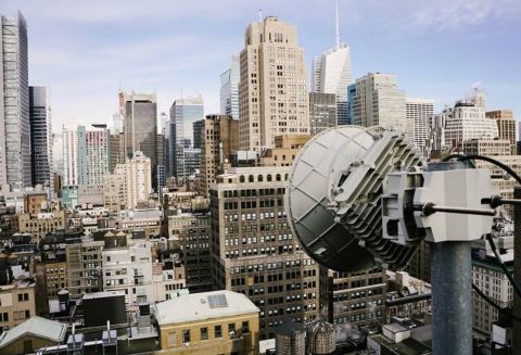 A GiGstreem dish sitting on a New York City rooftop can broadcast 10 Gigabits of capacity to buildings within a two-mile radius. (Photo: Business Wire)