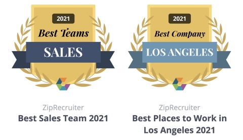 ZipRecruiter has been awarded Comparably’s 2021 honors for Best Places to Work in Los Angeles and Best Sales Teams! (Graphic: Business Wire)