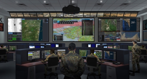 Representation of a NATO command and control center with NCOP vision on the screen © Thales