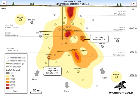 Figure 4. Longitudinal Section of the A Zone with 2021 Results (A-A’ Trace on Figure 3) (Photo: Business Wire)