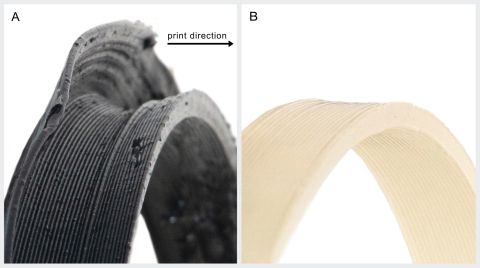 Part (A) in black printed with polypropylene shows notable warpage in the side wall compared with the same part (B) printed with clear Ingeo 3D700 even when print conditions were optimized for each material. Parts courtesy of Dyze Design.
