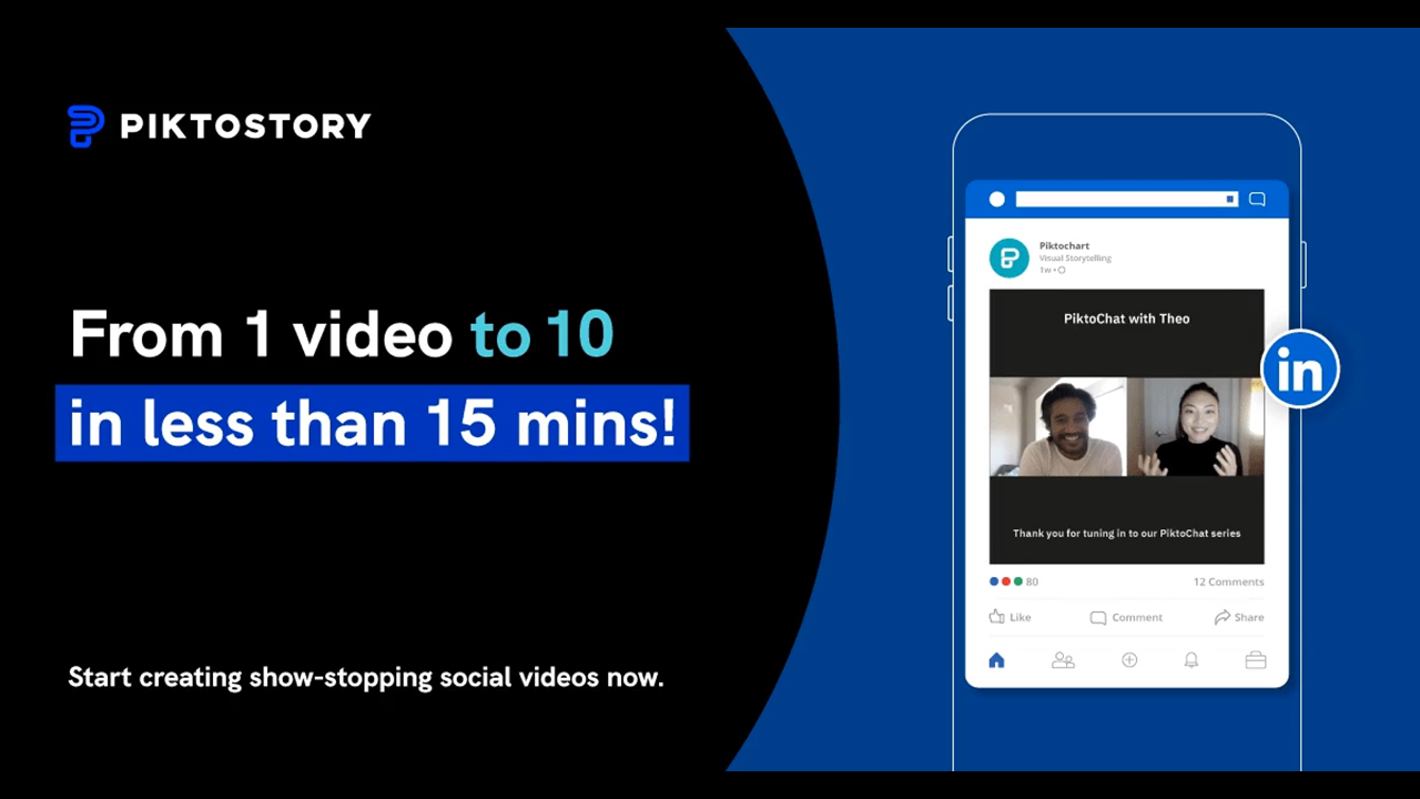 Repurpose video content into bite-size clips optimized for social media with Piktostory.