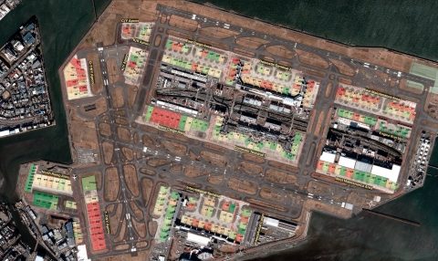 Using high-revisit satellite imagery, BlackSky’s Spectra AI has detected the utilization of major facilities at Tokyo’s Haneda Airport. Parking spaces shown in green are rarely used, while red indicates frequent occupancy. BlackSky customers can also understand inflow/outflow of cargo and monitor airline maintenance activity. (Photo: Business Wire)