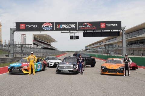 (Left to right) Toyota Racing drivers Kyle Busch (NCS), John Hunter Nemechek (NCWTS) and Daniel Hemric (NXS) pose for a photo alongside their Toyota stock cars and production vehicles at Circuit of The Americas in advance of next month's inaugural NASCAR at COTA race weekend. (CMS/HHP photo)