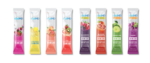 cbdMD Drink Mixes will have 25MG of CBD and will be available in four basic flavors (Fruit Punch, Lemonade, Peach and Strawberry), as well as two Energy Drink flavors (Blackberry and Blood Orange) and two Recovery Drink Flavors (Lemon Lime and Grape). (Photo: Business Wire)