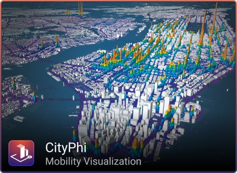 Imagem produzida com o CityPhi (www.inrosoftware.com/cityphi) usando dados de http://www.andresmh.com/nyctaxitrips/ (Image courtesy of INRO)
