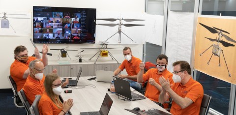 AeroVironment Mars Ingenuity Helicopter Program team members Sara Langberg, Peter Zwaan, Joey Beckman, Ben Pipenberg, Jeremy Tyler and Matt Keennon celebrate Ingenuity’s successful first flight. (Photo: AeroVironment, Inc.)