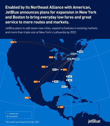 JetBlue Plans to Add Seven New Cities from New York and Boston, Expand Schedules in Existing Markets and More than Triple Size at New York’s LaGuardia by 2022 (Photo: Business Wire)