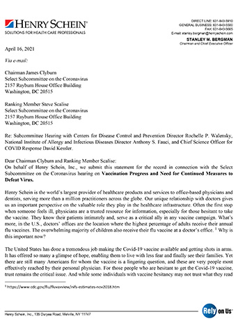 Stanley Bergman letter to the House Select Subcommittee on the Coronavirus Crisis encouraging the Biden-Harris Administration to include primary-care physicians in vaccine dissemination process.