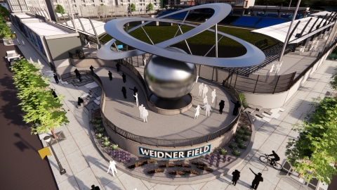 "The Epicenter" sculpture at the entrance of the new Weidner Field in southwest Downtown Colorado Springs (artistic rendering) (Credit: Perkins&Will, as hired by The Partnership)