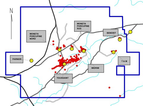 Figure 4: Map of the gold showings and Diamond Drilling on the Wilson Property