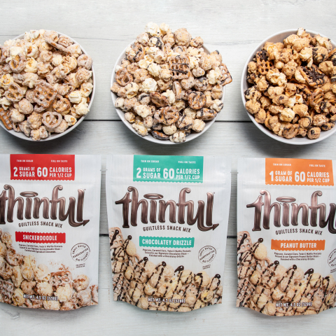 Thinful is the first low-sugar indulgent snack mix with only two grams of sugar and 60 calories per half-cup serving. (Photo: Business Wire)