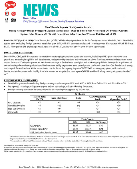 Yum! Brands Reports First-Quarter Results; Strong Recovery Driven by Record Digital System Sales of Over $5 Billion with Accelerated Off-Premise Growth; System Sales Growth of 11% with Same-Store Sales Growth of 9% and Unit Growth of 1%